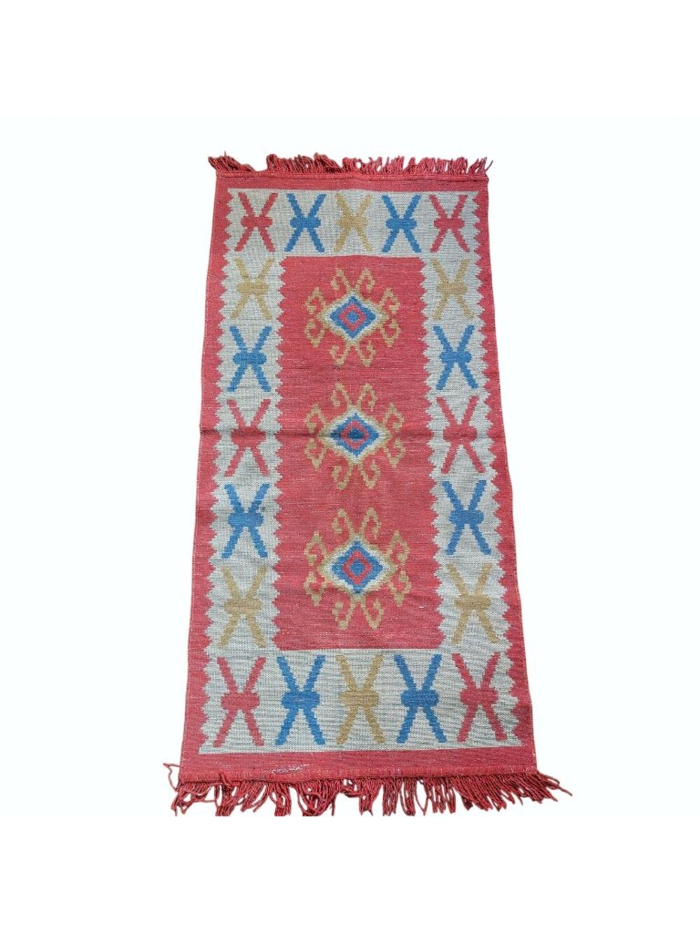 Vintage Bohemian Crimson Kilim Runner Rug with Geometric Medallions